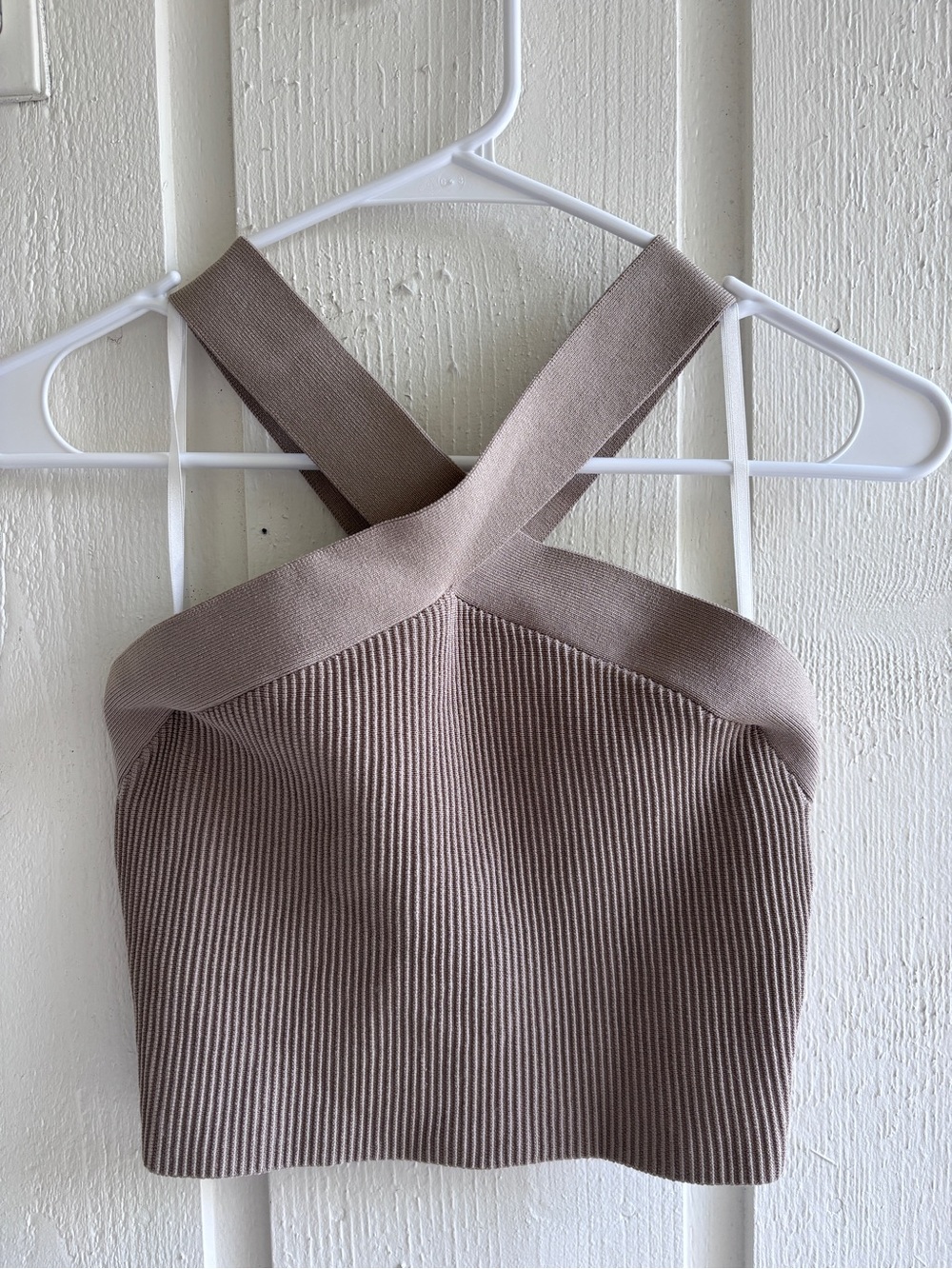Babaton Taupe Ribbed Crossback Crop Top